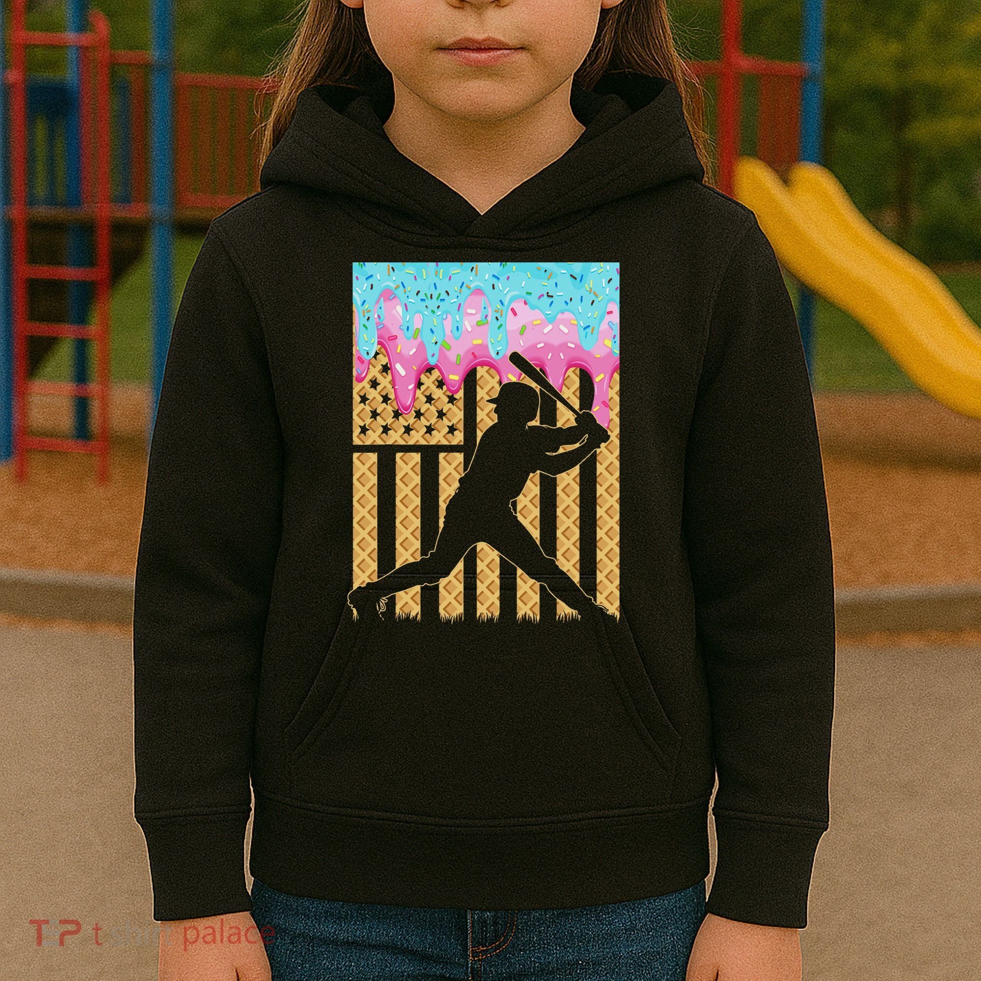 Baseball Drip Bat Boy Dripping Ice Cream American Flag Kids Hoodie