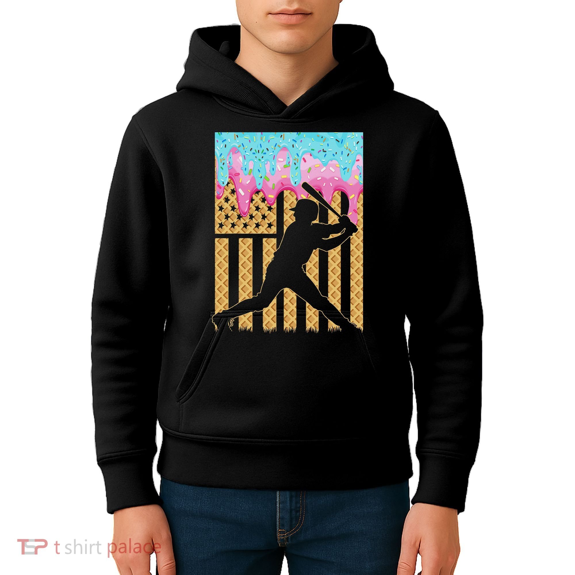 Baseball Drip Bat Boy Dripping Ice Cream American Flag Kids Hoodie