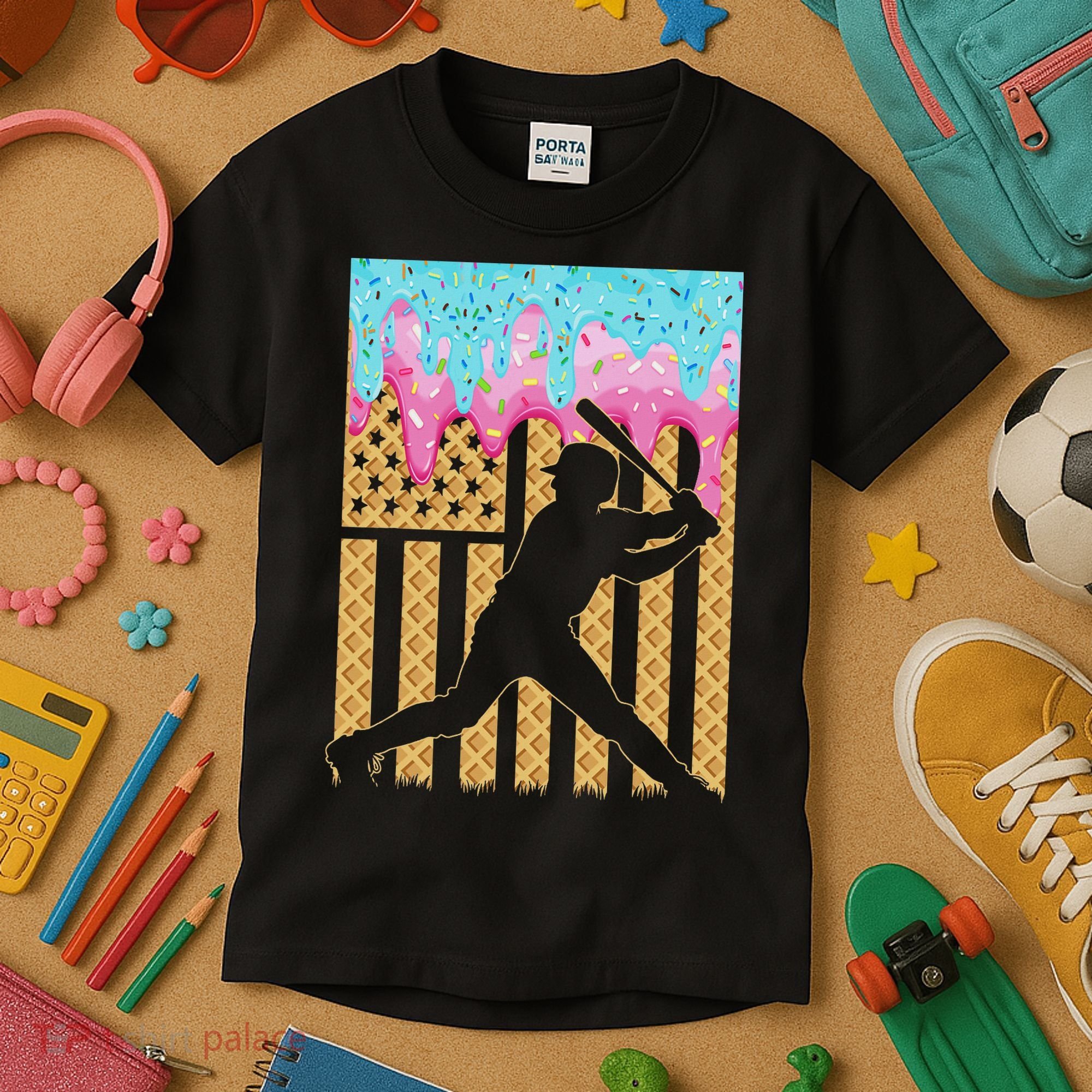 Baseball Drip Bat Boy Dripping Ice Cream American Flag Kids T-Shirt