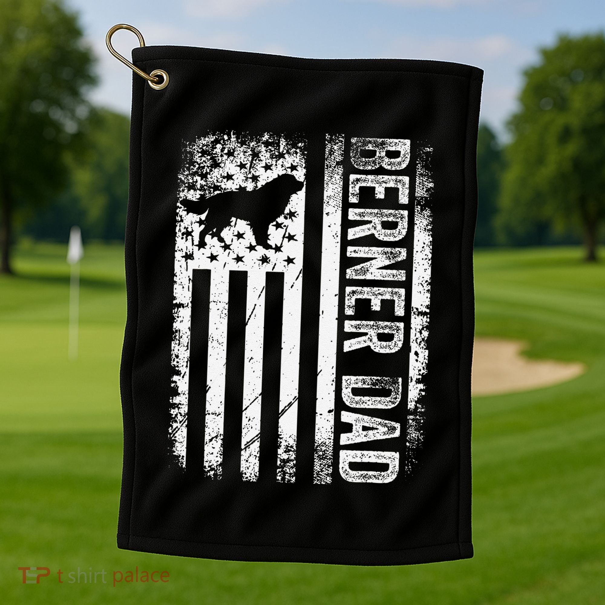 Bernese Dad Berner Mountain Dad American Us Flag Dog Golf Towel