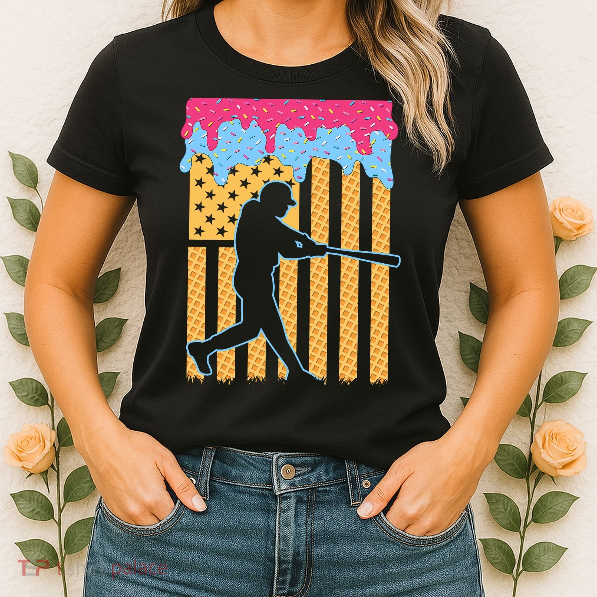 Baseball Drip Bat B.oys Ice Cream American Flag 4th Of July Women's T-Shirt