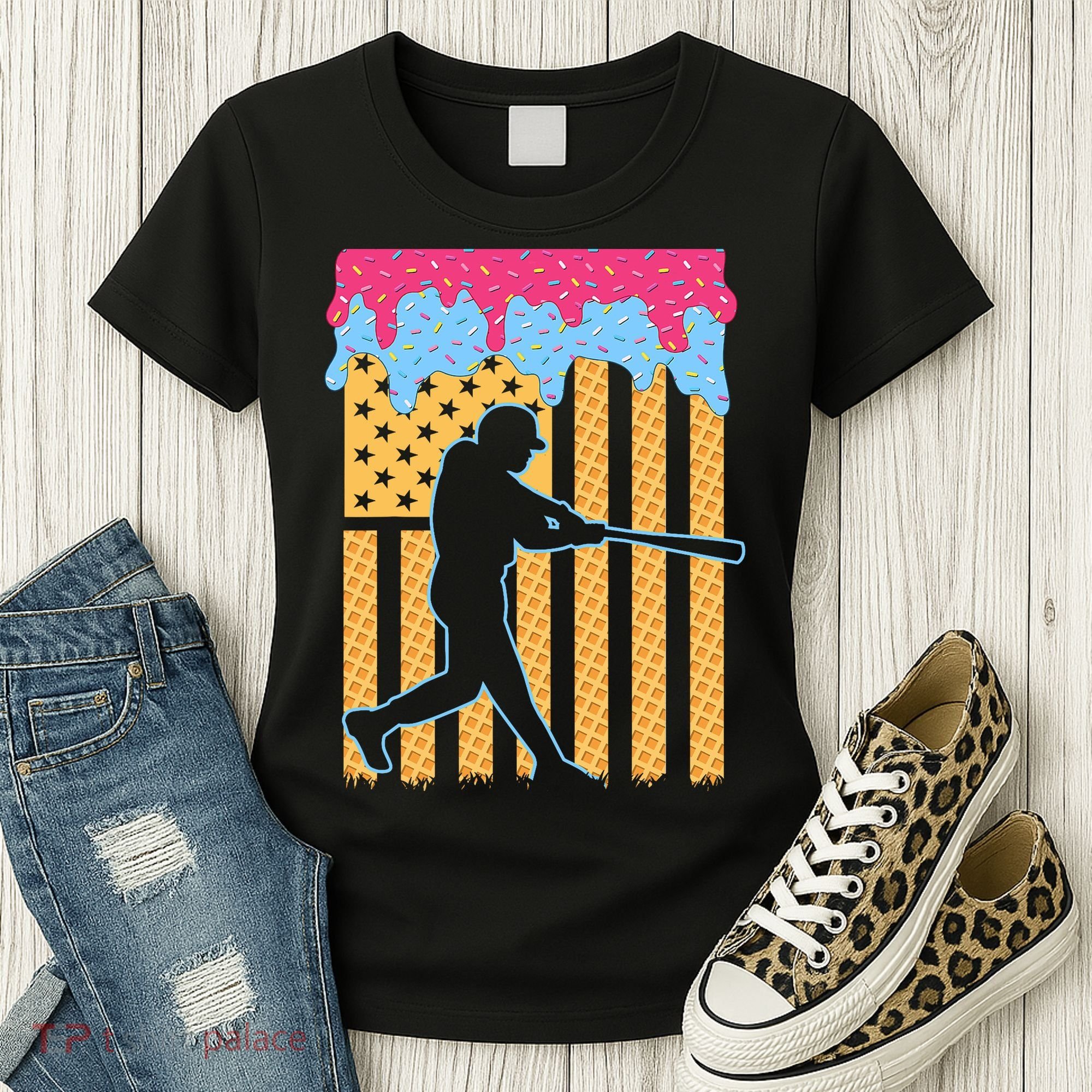 Baseball Drip Bat B.oys Ice Cream American Flag 4th Of July Women's T-Shirt