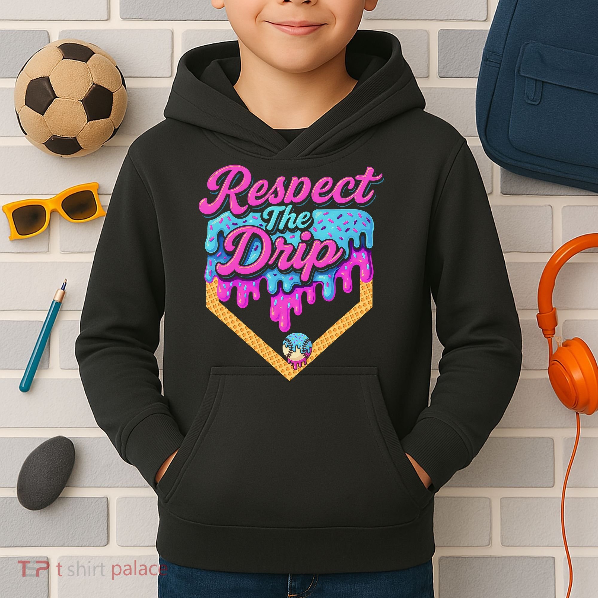 Baseball Drip B.oys Home Plate Ice Cream Respect The Drip Kids Hoodie