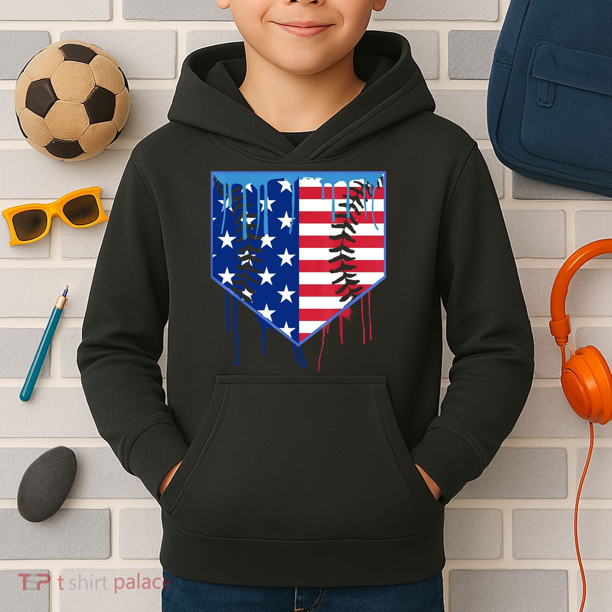 Baseball Drip Boys Ice Cream Patriotic American Flag Kids Hoodie