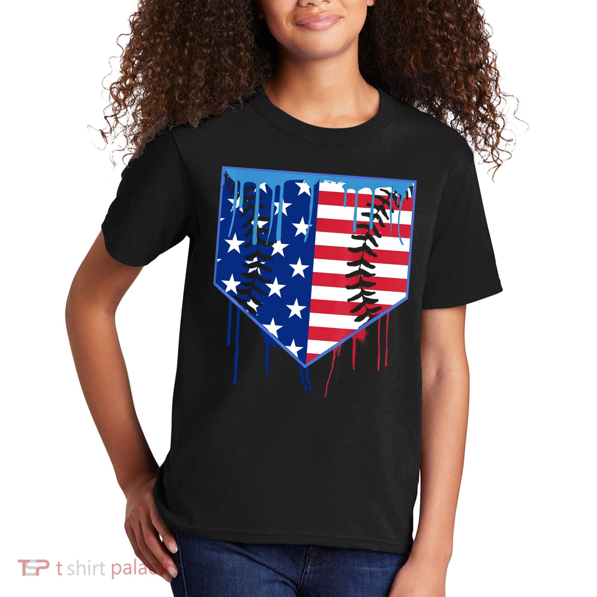 Baseball Drip Boys Ice Cream Patriotic American Flag Kids T-Shirt