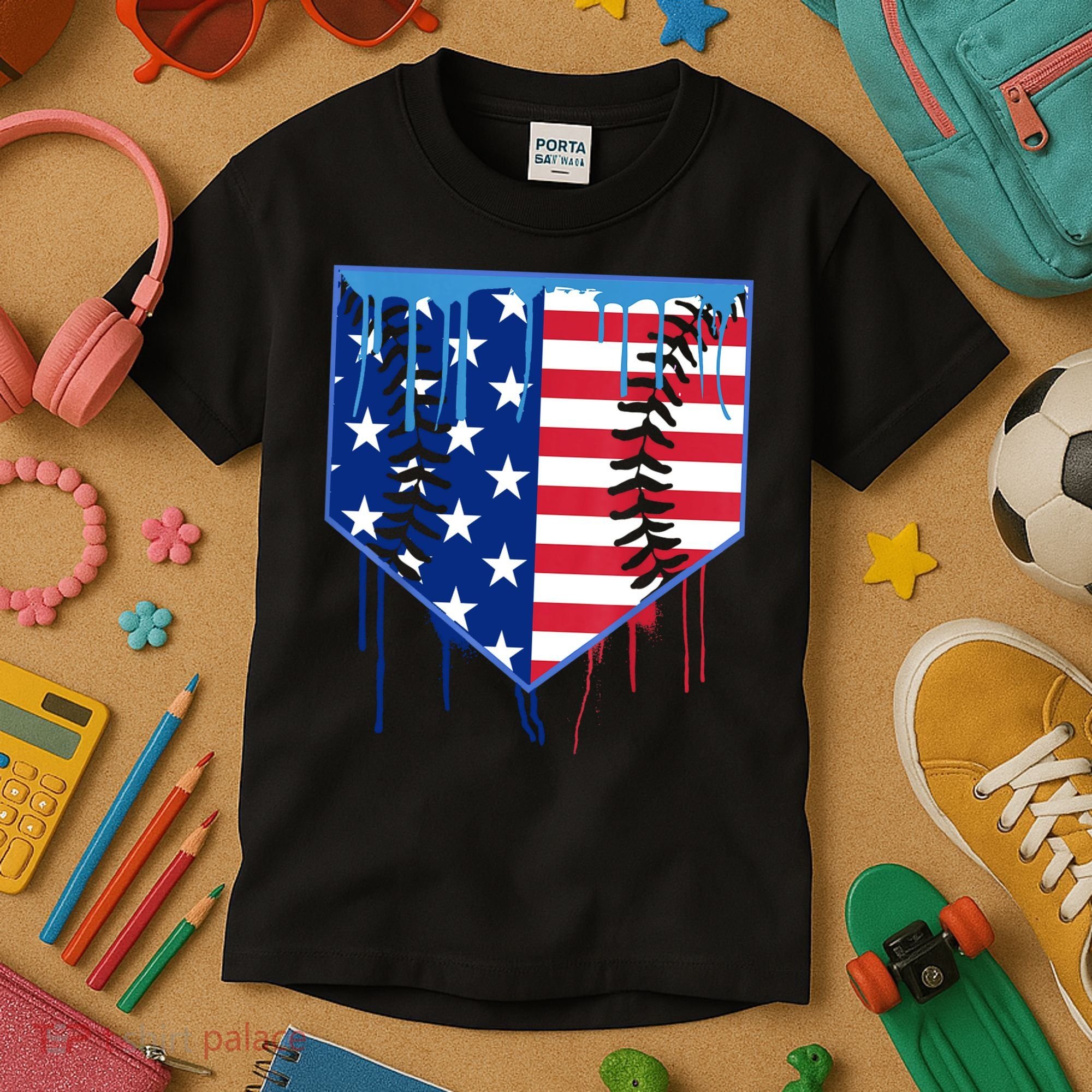 Baseball Drip Boys Ice Cream Patriotic American Flag Kids T-Shirt