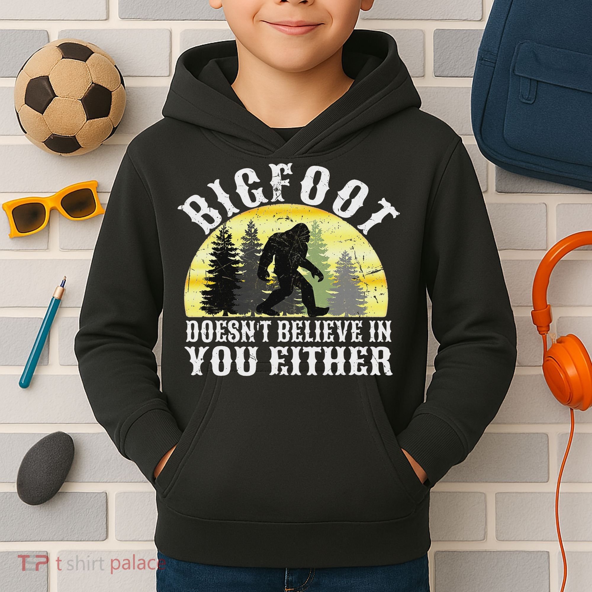 Bigfoot Doesn't Believe In You Either Distressed Kids Hoodie