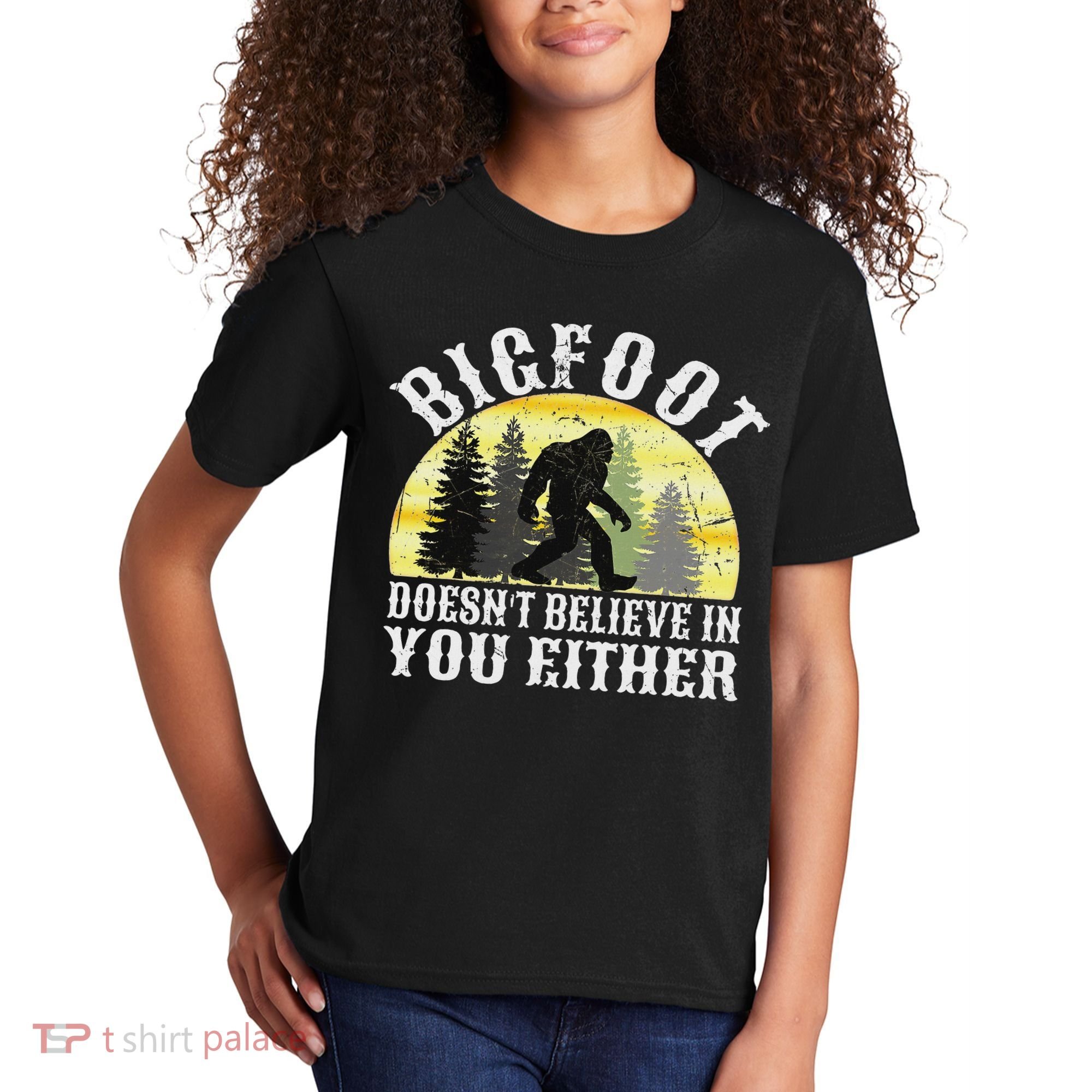 Bigfoot Doesn't Believe In You Either Distressed Kids T-Shirt