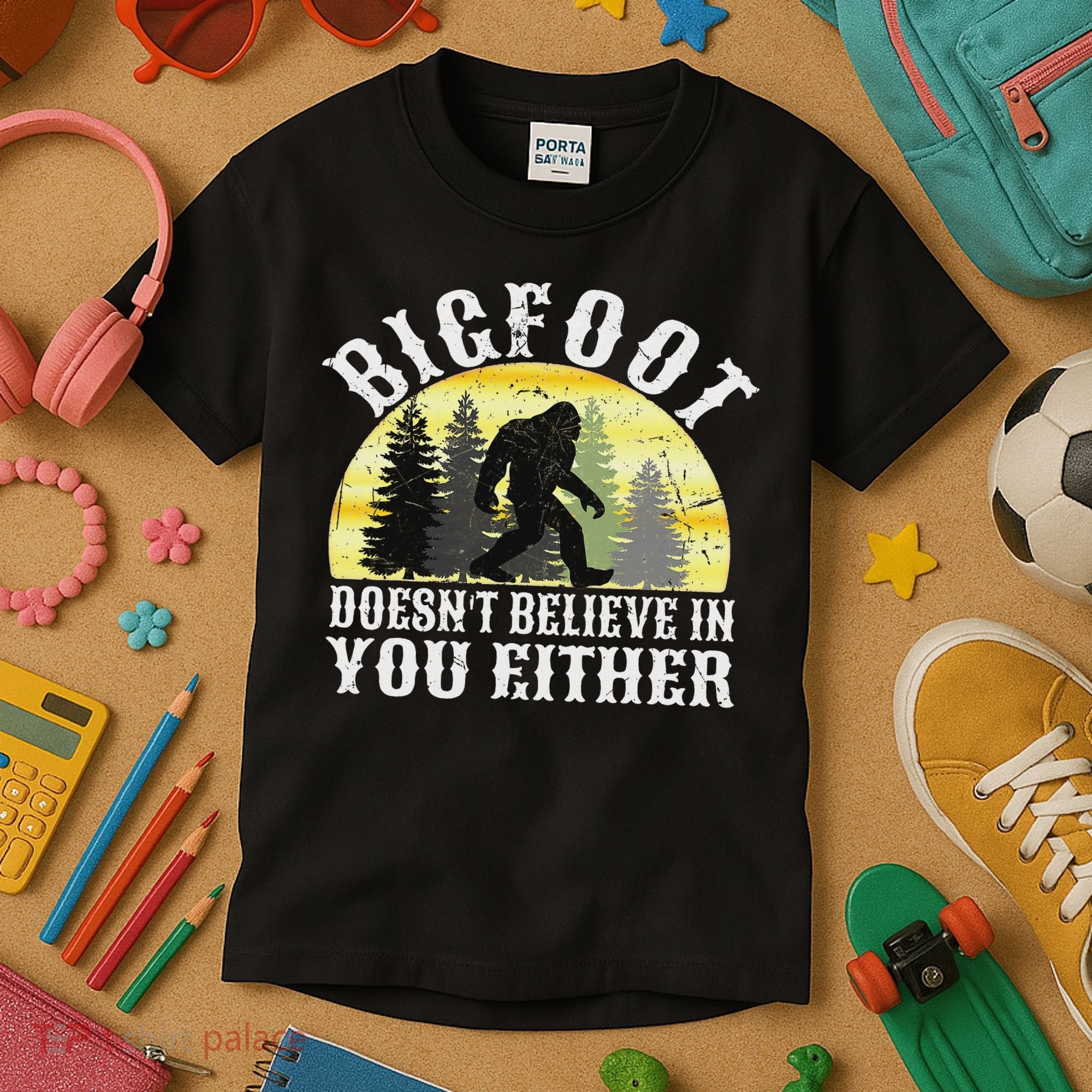 Bigfoot Doesn't Believe In You Either Distressed Kids T-Shirt