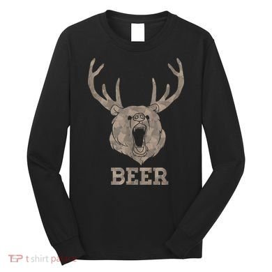 Bear Deer Beer Drinking Camo Antlers Hunting Camping Long Sleeve Shirt