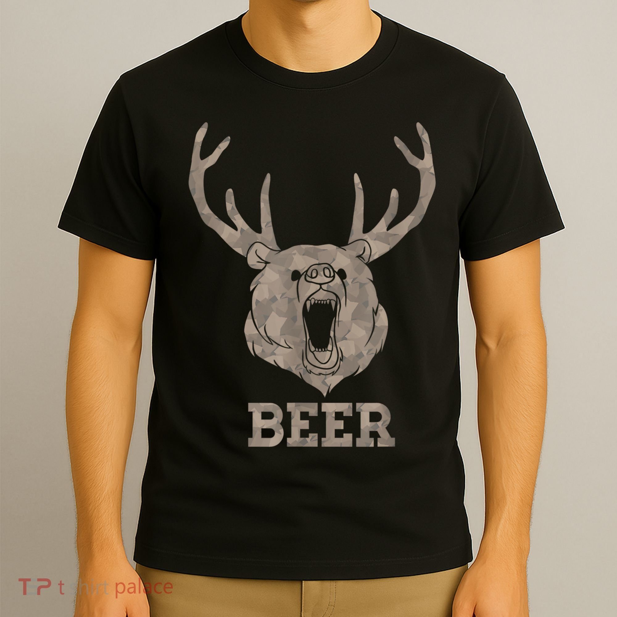 Bear Deer Beer Drinking Camo Antlers Hunting Camping T-Shirt