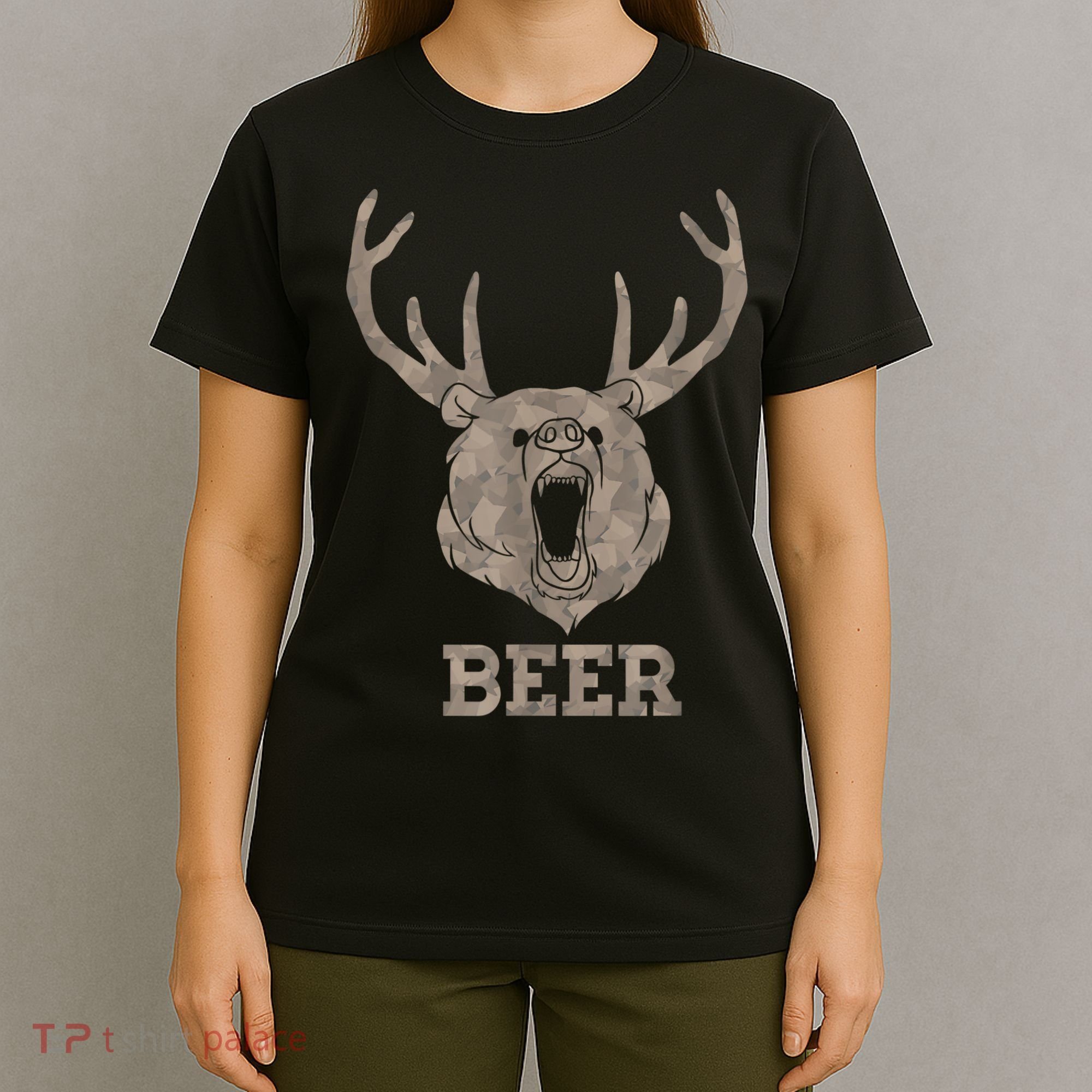 Bear Deer Beer Drinking Camo Antlers Hunting Camping T-Shirt