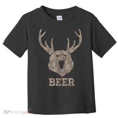 Bear Deer Beer Drinking Camo Antlers Hunting Camping Toddler T-Shirt
