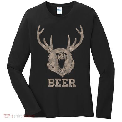 Bear Deer Beer Drinking Camo Antlers Hunting Camping Women's Long Sleeve Shirt