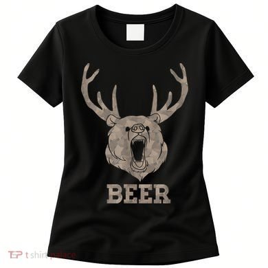 Bear Deer Beer Drinking Camo Antlers Hunting Camping Women's T-Shirt