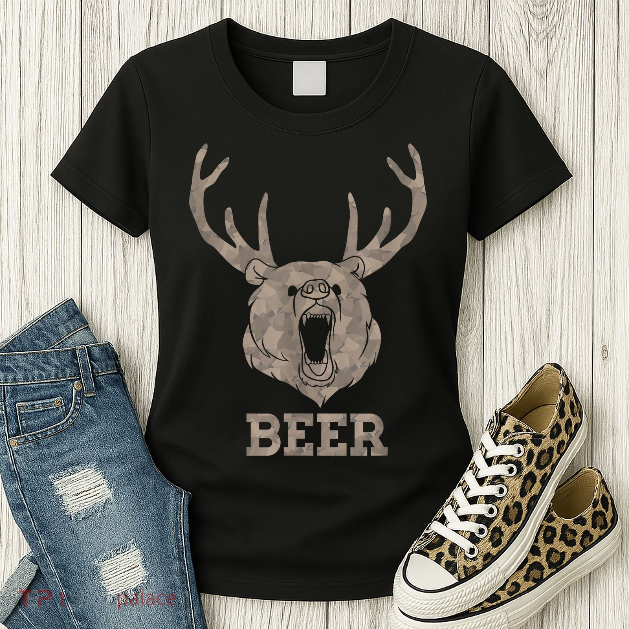 Bear Deer Beer Drinking Camo Antlers Hunting Camping Women's T-Shirt