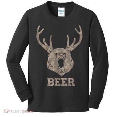 Bear Deer Beer Drinking Camo Antlers Hunting Camping Kids Long Sleeve Shirt