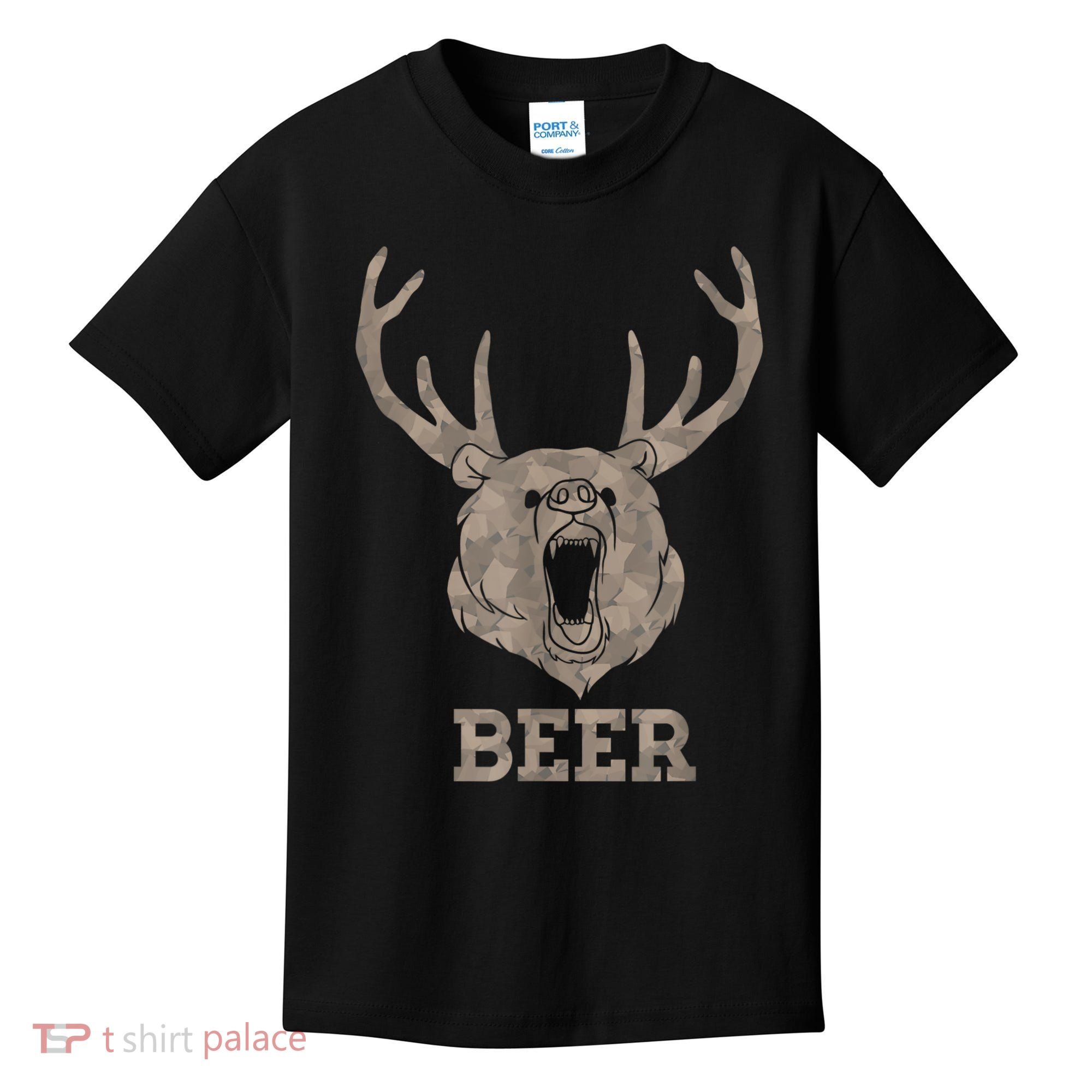 Bear Deer Beer Drinking Camo Antlers Hunting Camping Kids T-Shirt