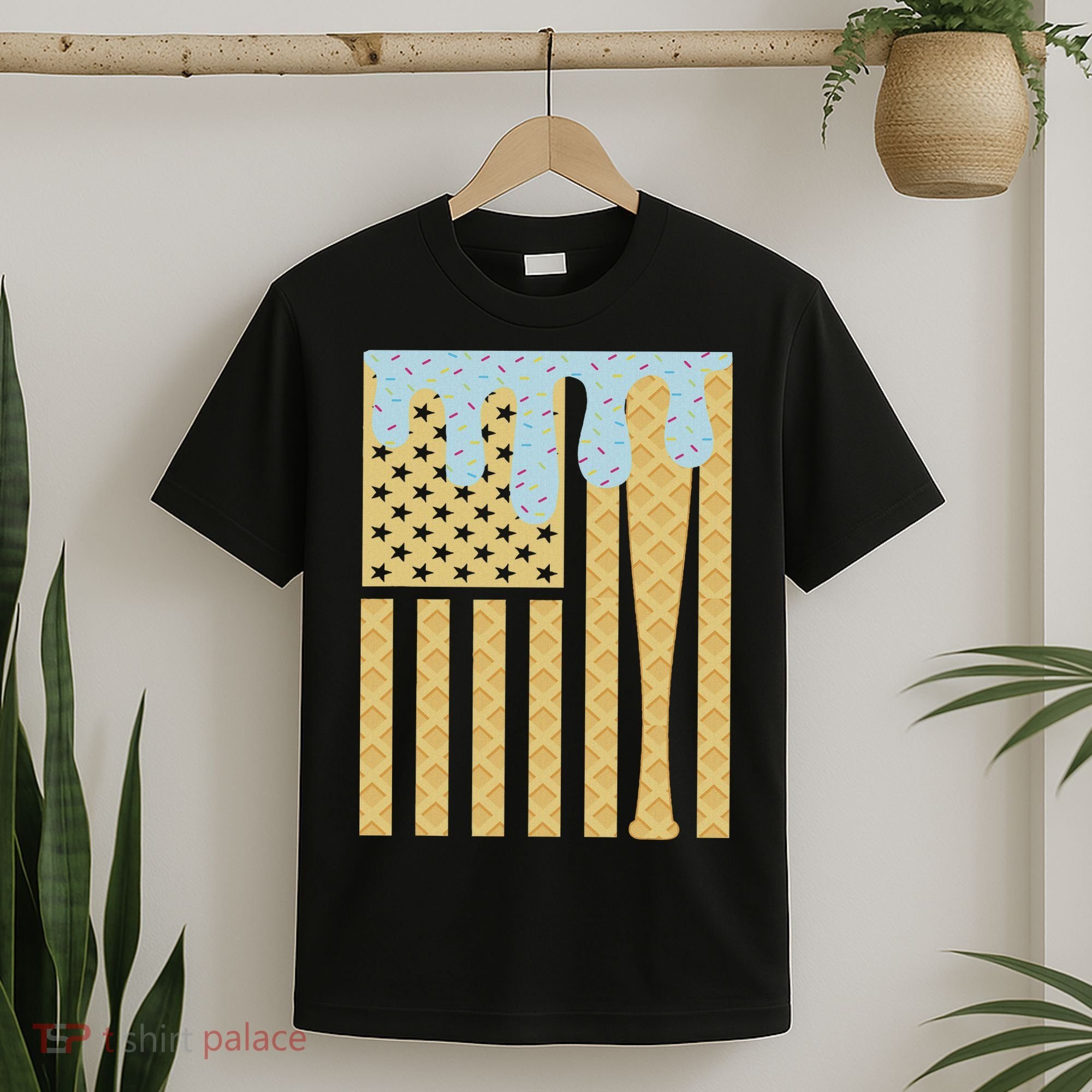 Baseball Drip Bat Dripping Ice Cream American Flag T-Shirt