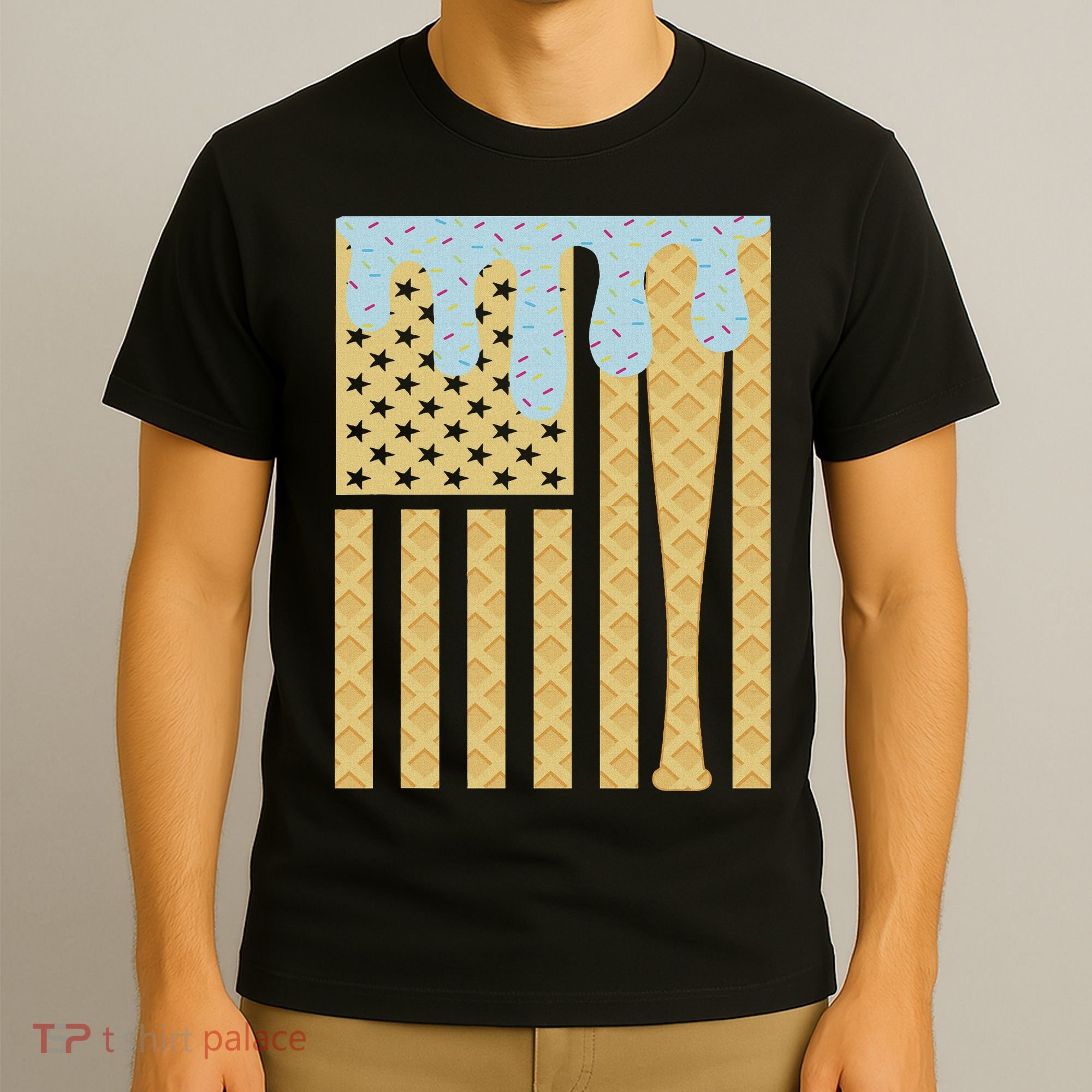 Baseball Drip Bat Dripping Ice Cream American Flag T-Shirt