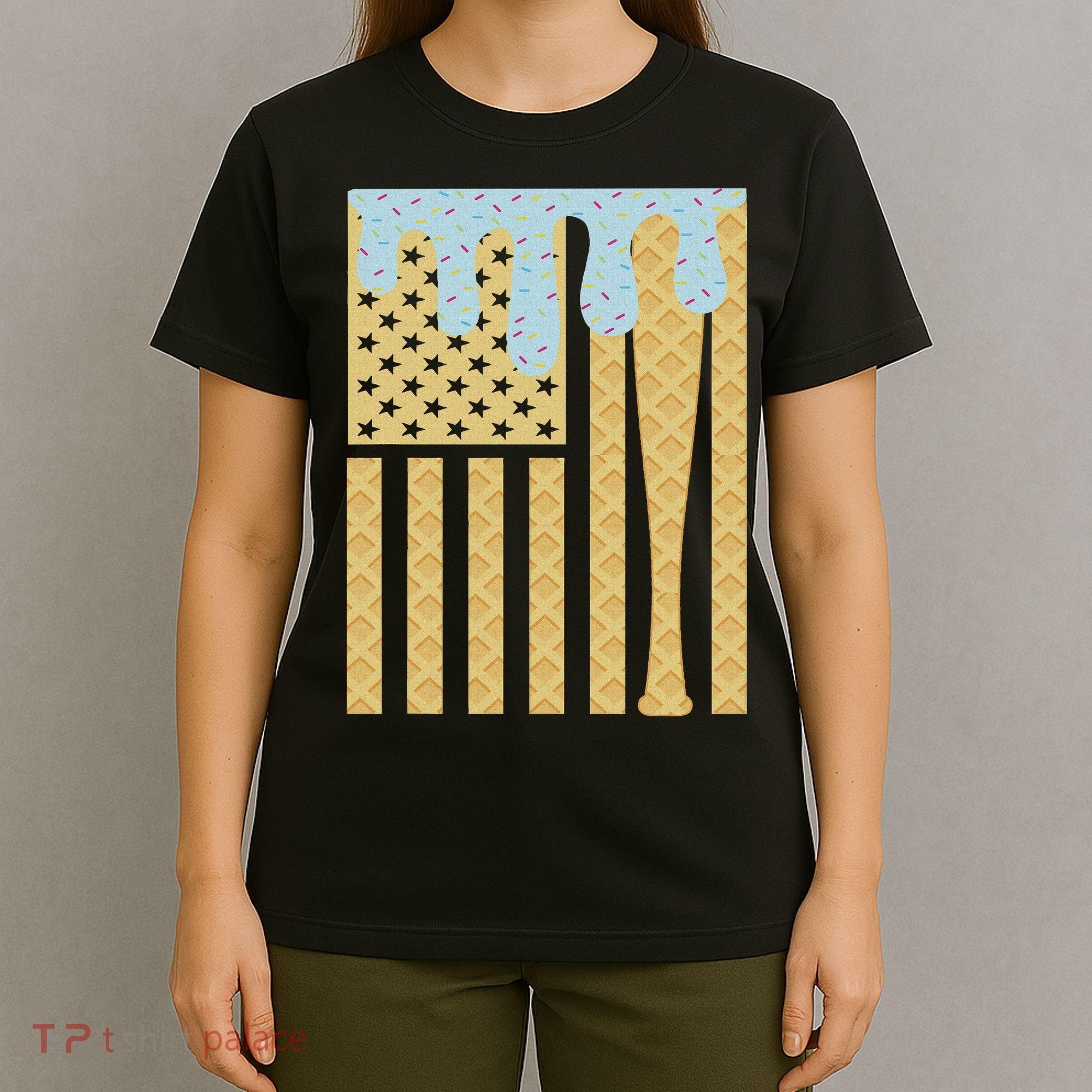 Baseball Drip Bat Dripping Ice Cream American Flag T-Shirt