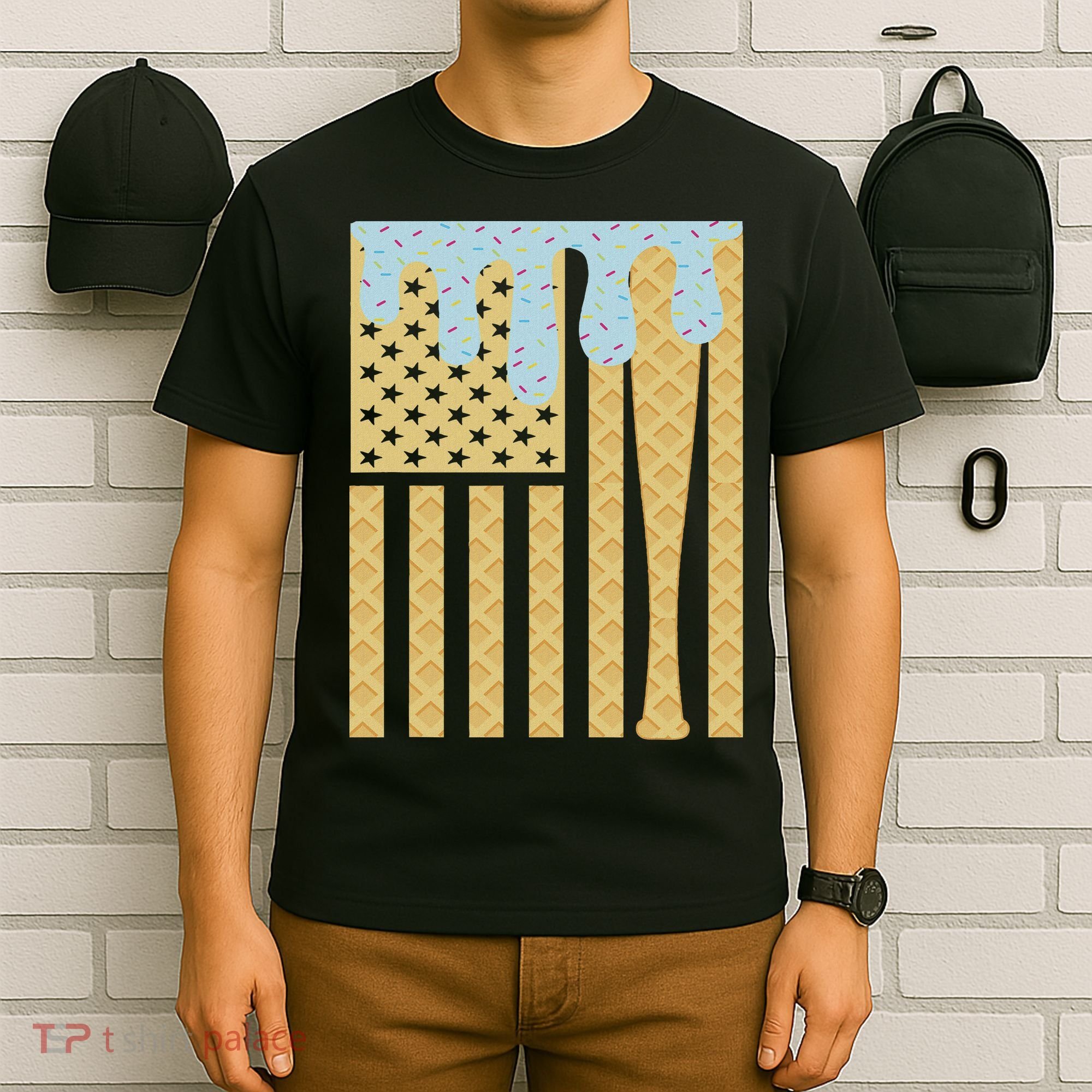 Baseball Drip Bat Dripping Ice Cream American Flag T-Shirt