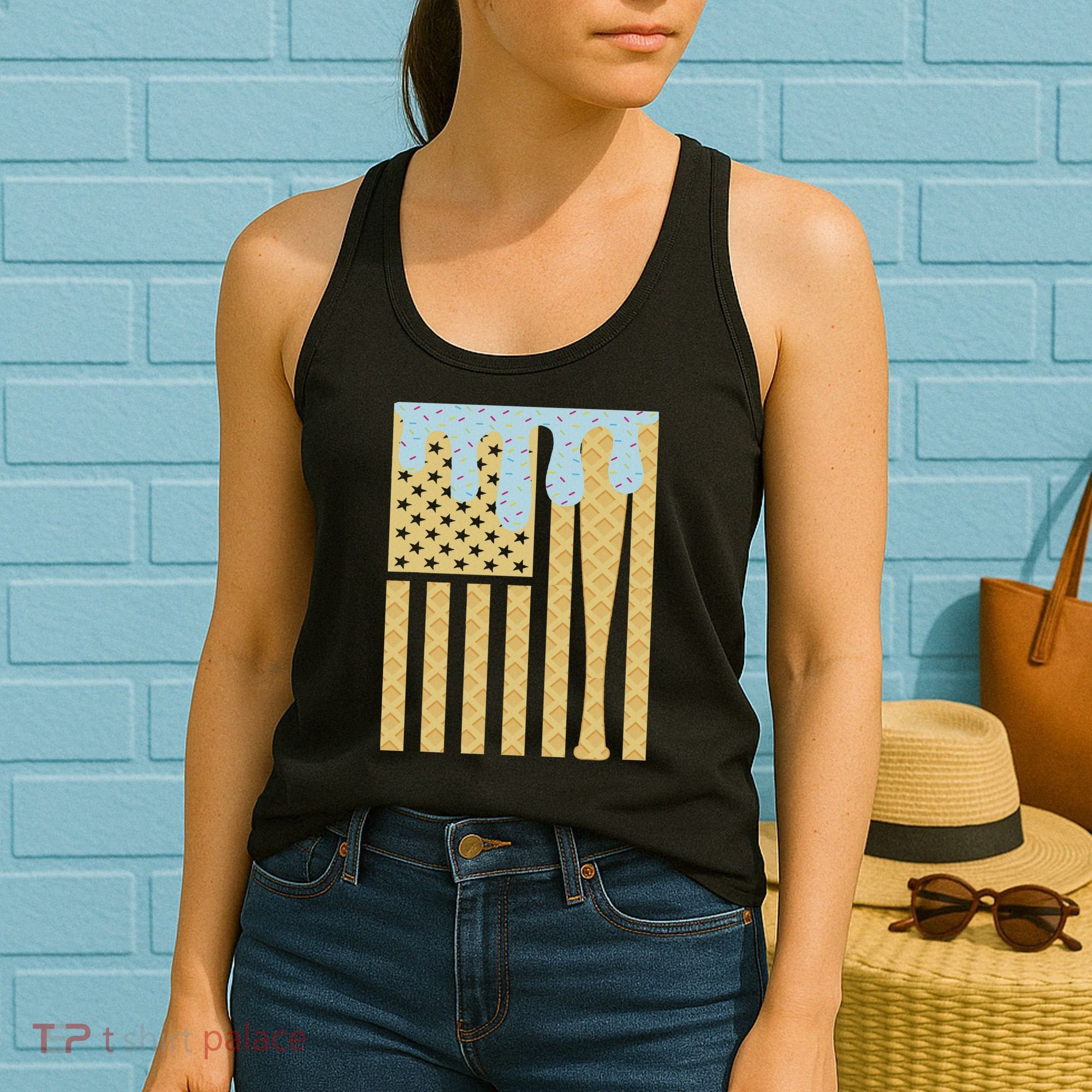 Baseball Drip Bat Dripping Ice Cream American Flag Women's Tank Top