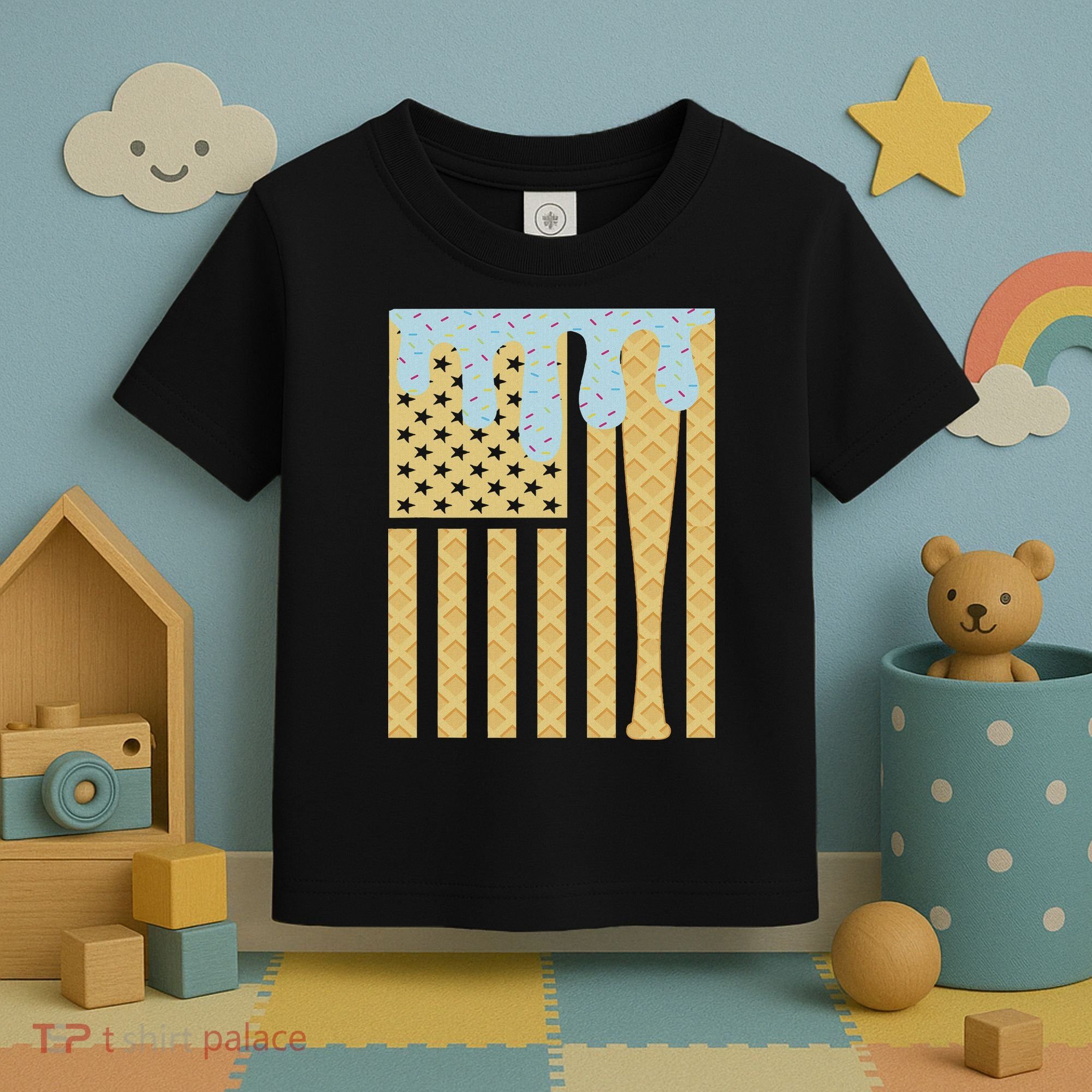 Baseball Drip Bat Dripping Ice Cream American Flag Toddler T-Shirt