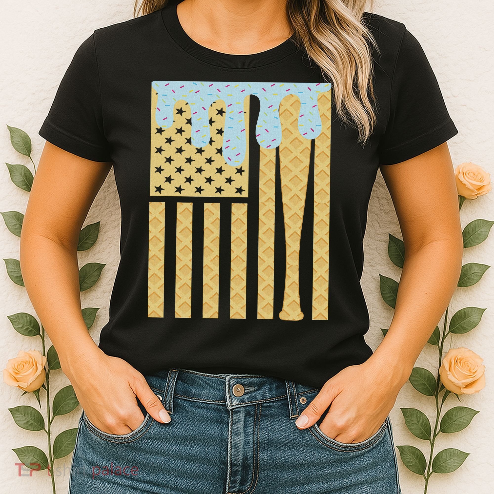 Baseball Drip Bat Dripping Ice Cream American Flag Women's T-Shirt