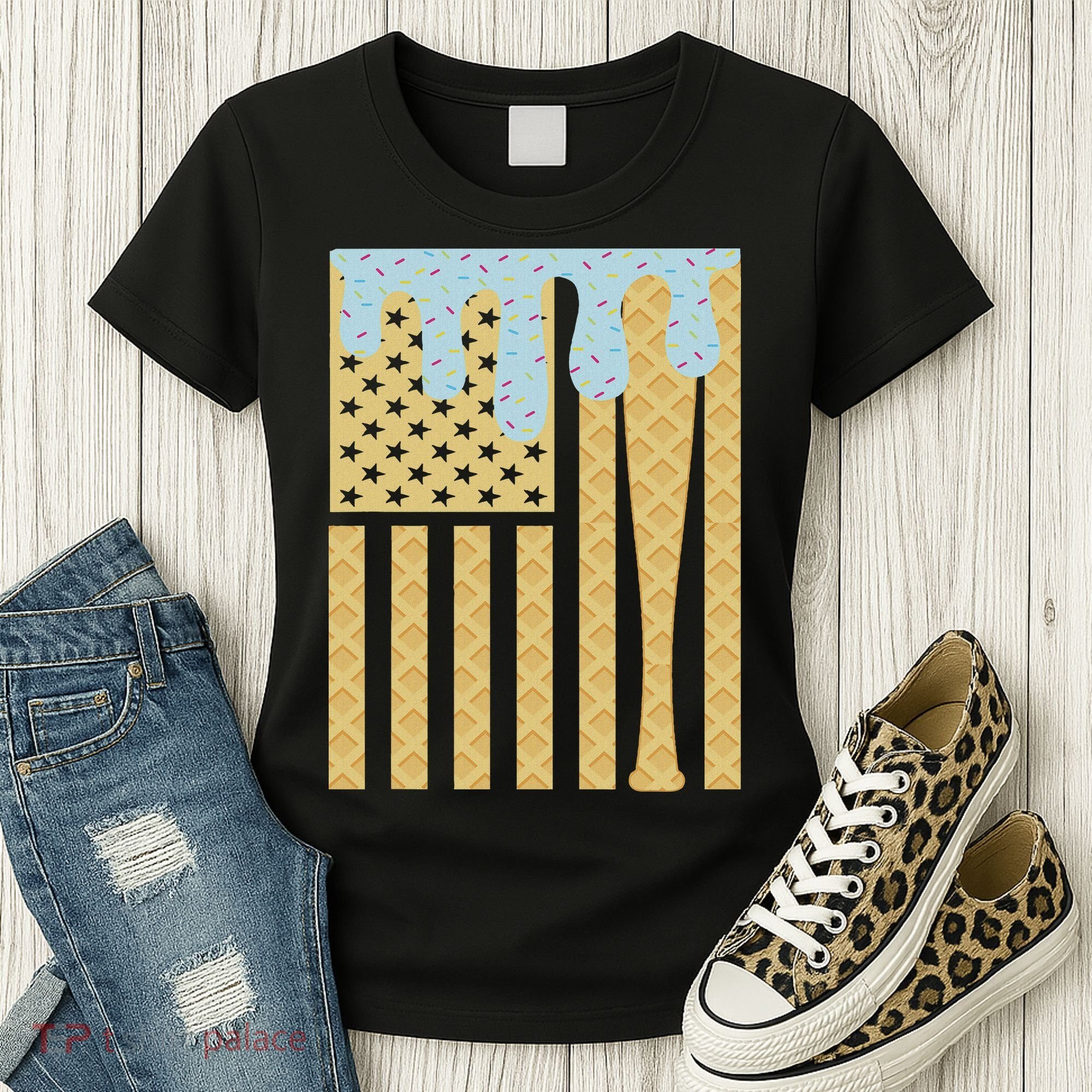 Baseball Drip Bat Dripping Ice Cream American Flag Women's T-Shirt