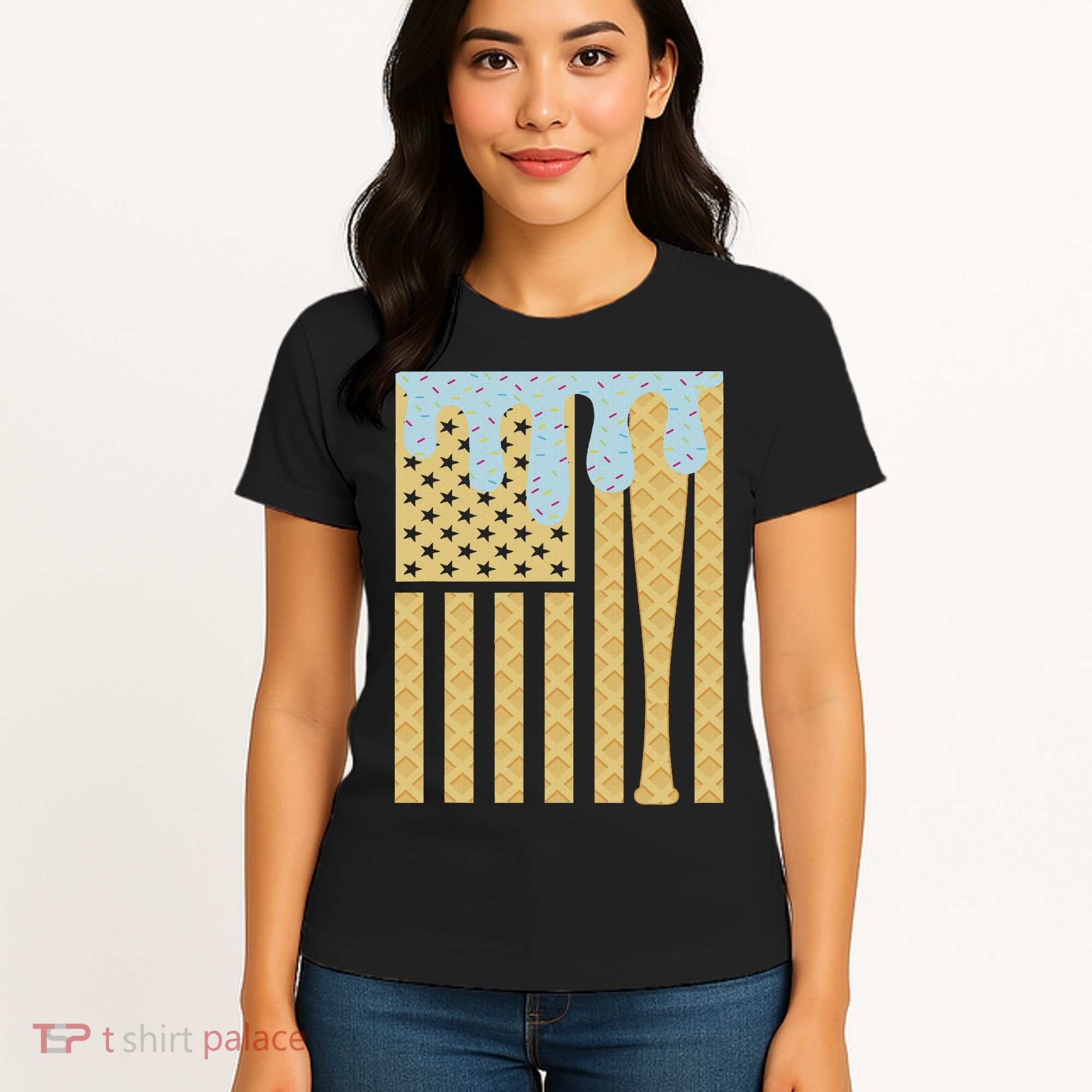 Baseball Drip Bat Dripping Ice Cream American Flag Women's T-Shirt