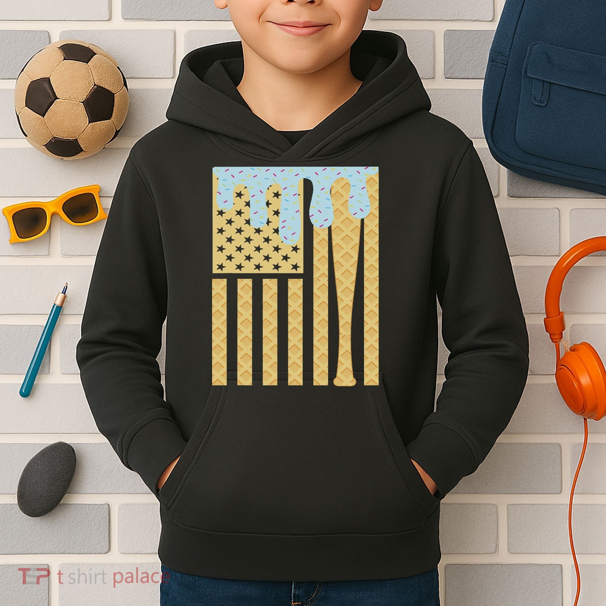 Baseball Drip Bat Dripping Ice Cream American Flag Kids Hoodie