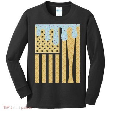 Baseball Drip Bat Dripping Ice Cream American Flag Kids Long Sleeve Shirt