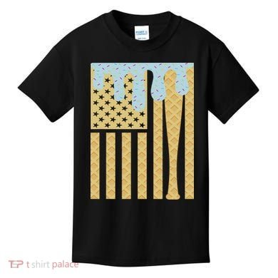 Baseball Drip Bat Dripping Ice Cream American Flag Kids T-Shirt