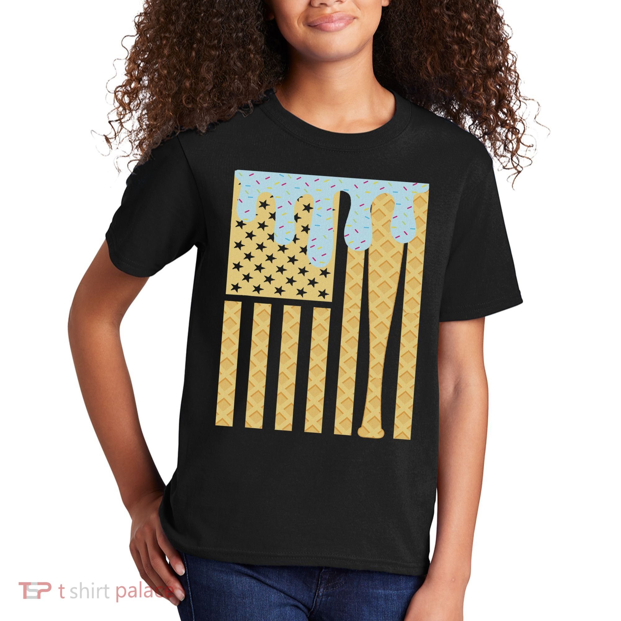 Baseball Drip Bat Dripping Ice Cream American Flag Kids T-Shirt