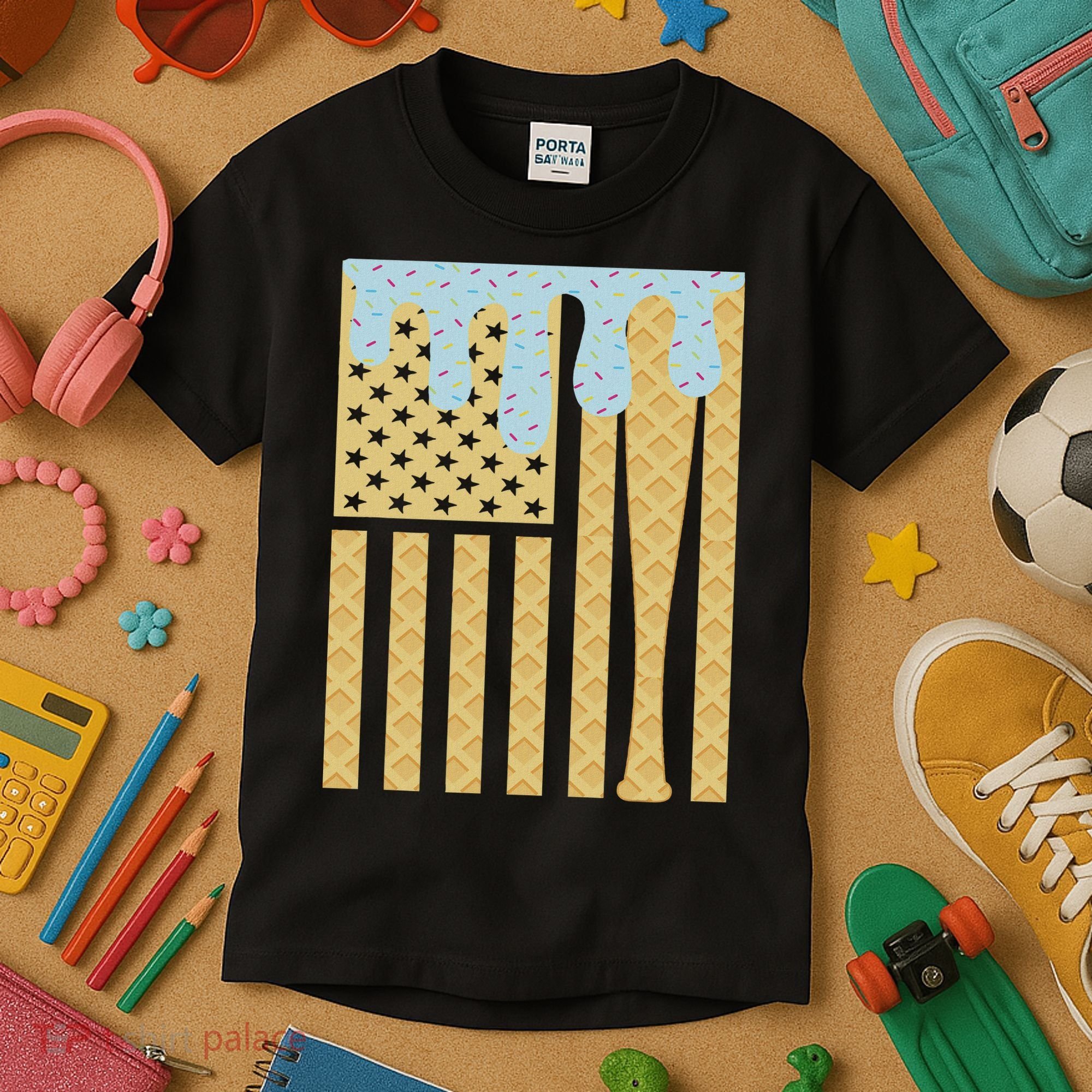 Baseball Drip Bat Dripping Ice Cream American Flag Kids T-Shirt