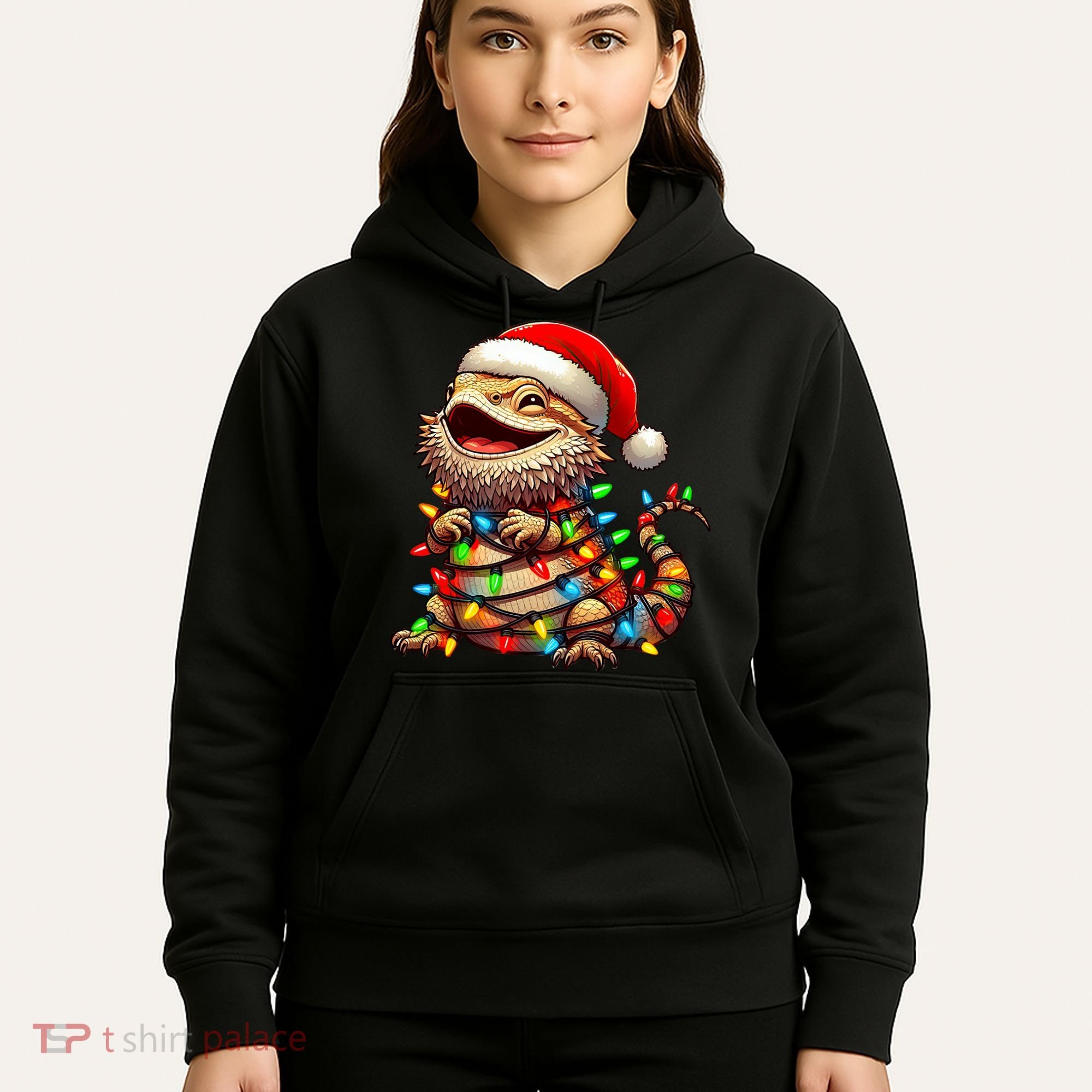 Bearded Dragon Christmas Lights Santa Hat Hoodie