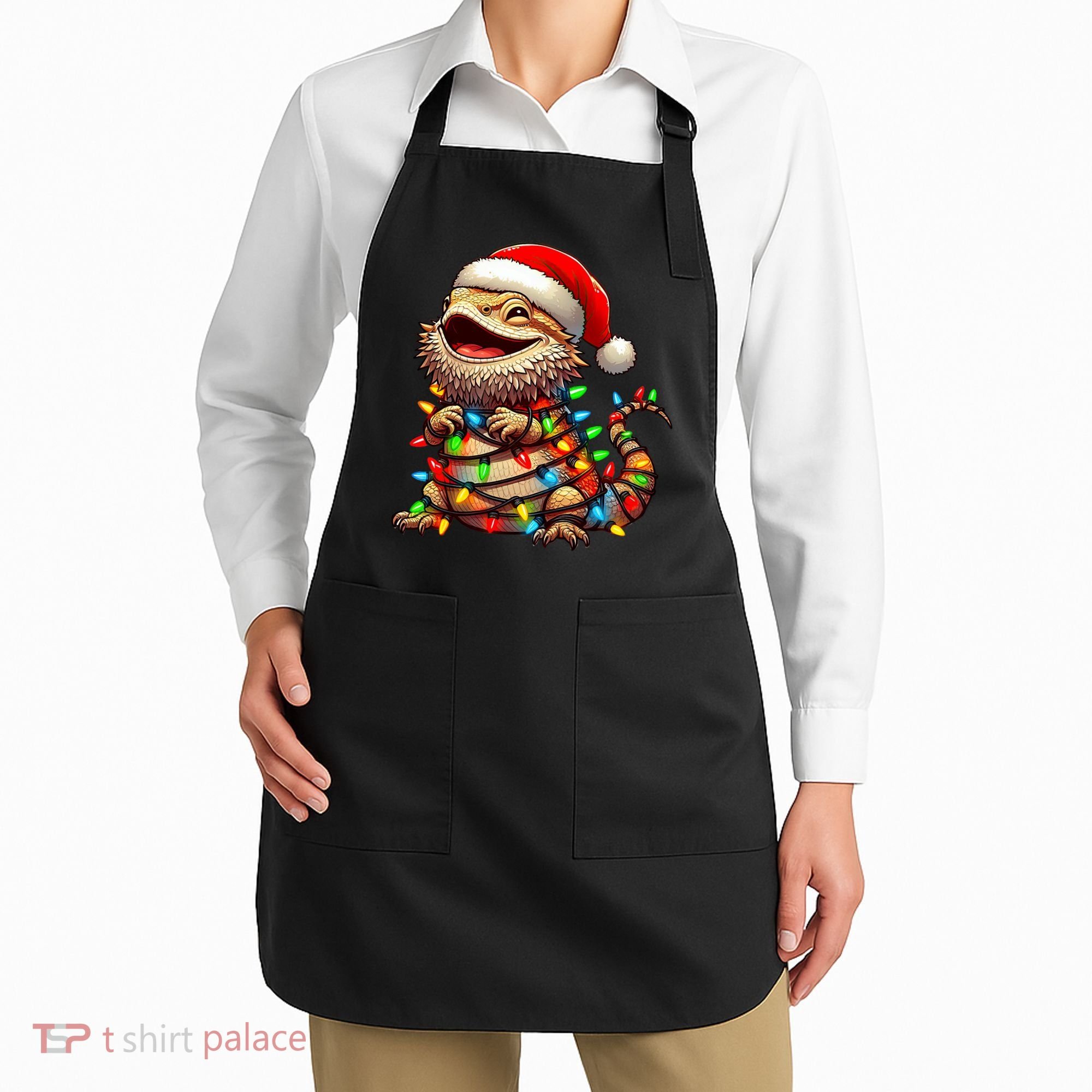 Bearded Dragon Christmas Lights Santa Hat Apron