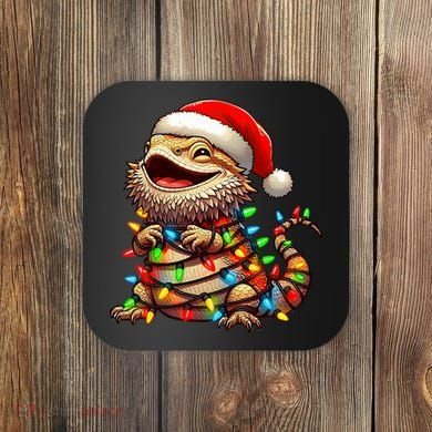 Bearded Dragon Christmas Lights Santa Hat Coaster