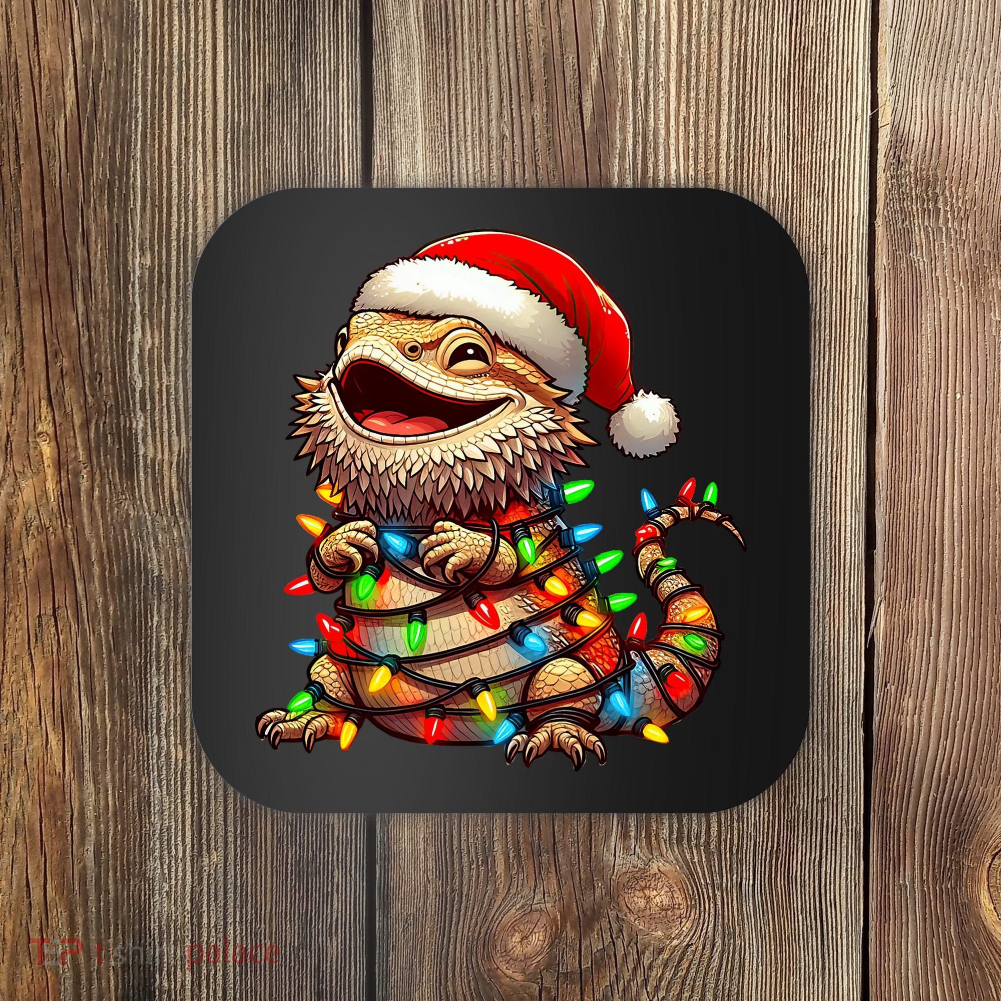 Bearded Dragon Christmas Lights Santa Hat Coaster