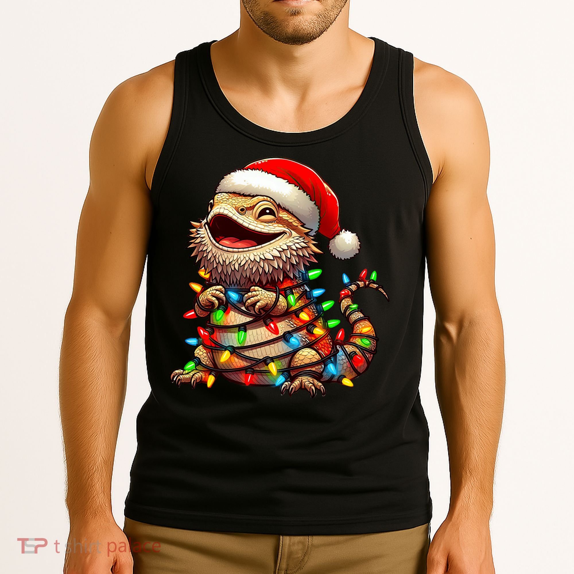 Bearded Dragon Christmas Lights Santa Hat Tank Top