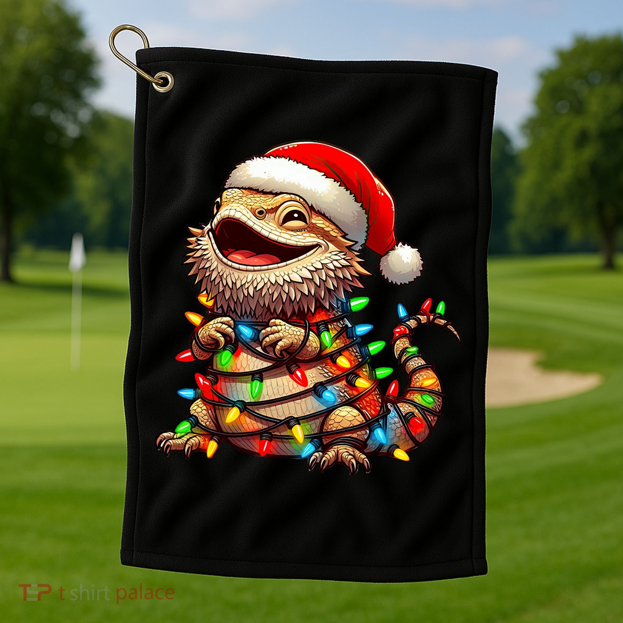 Bearded Dragon Christmas Lights Santa Hat Golf Towel