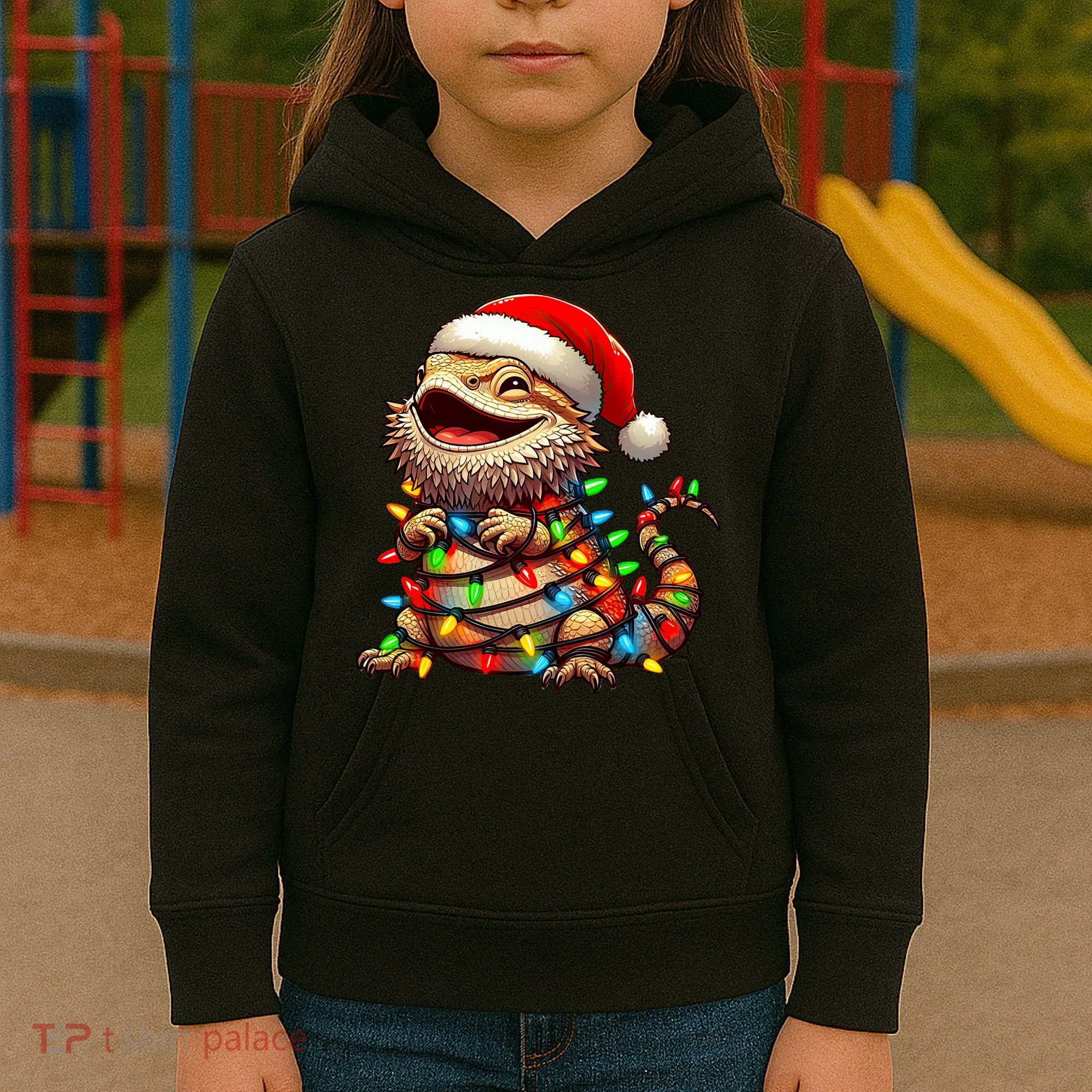 Bearded Dragon Christmas Lights Santa Hat Kids Hoodie