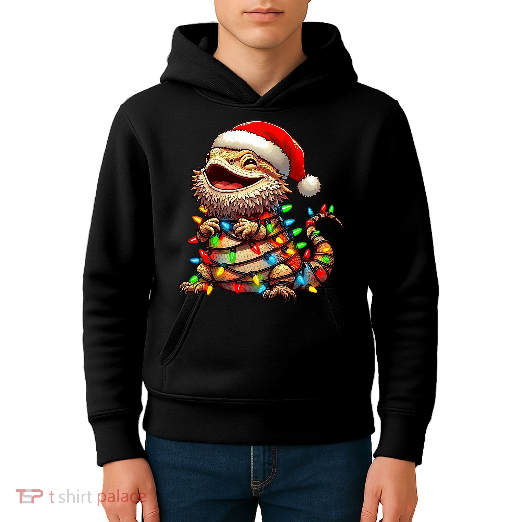 Bearded Dragon Christmas Lights Santa Hat Kids Hoodie