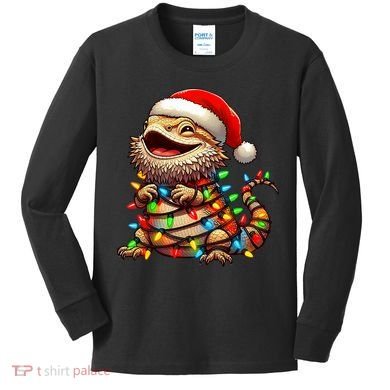Bearded Dragon Christmas Lights Santa Hat Kids Long Sleeve Shirt