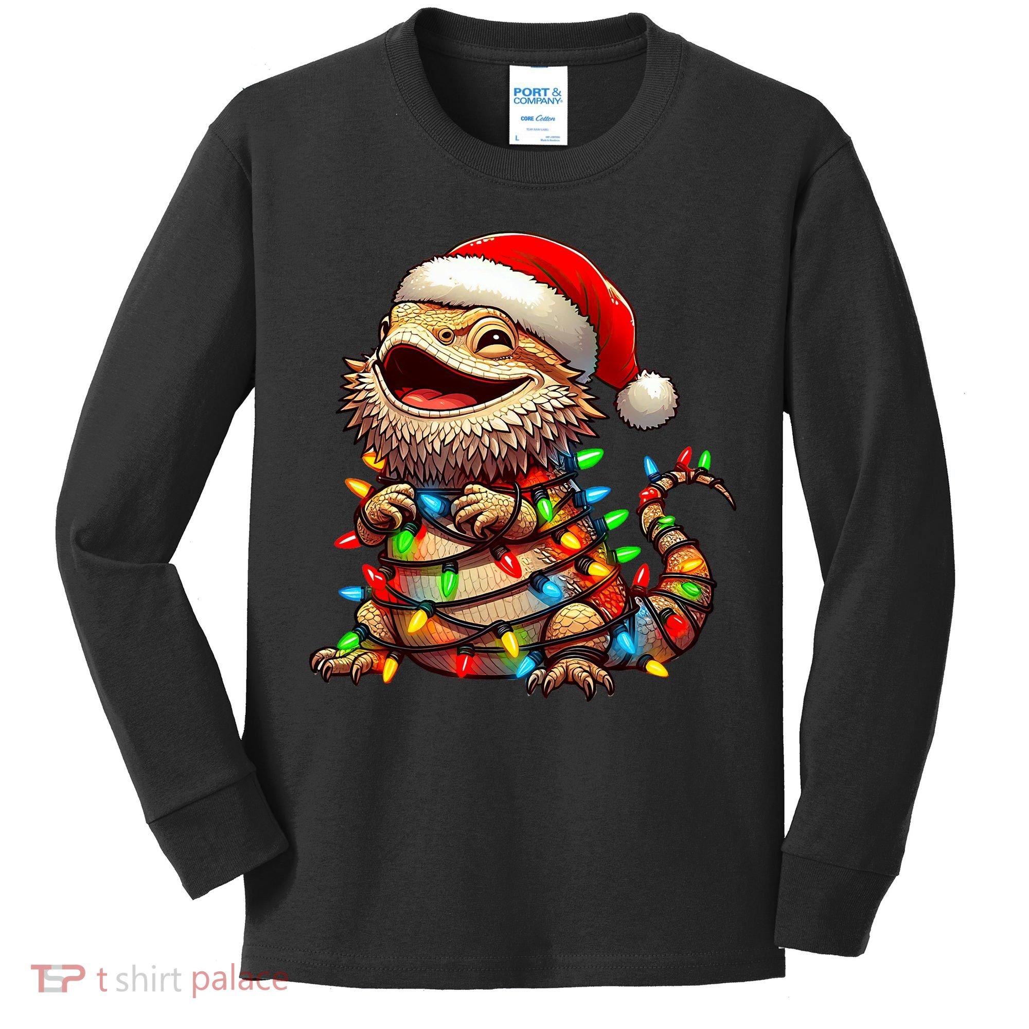 Bearded Dragon Christmas Lights Santa Hat Kids Long Sleeve Shirt