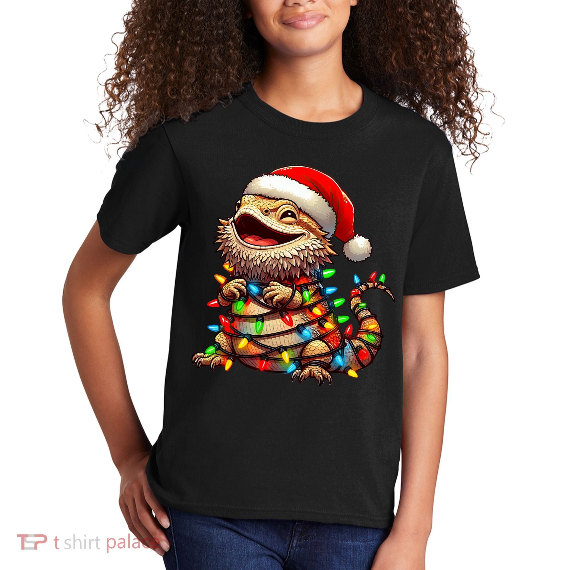 Bearded Dragon Christmas Lights Santa Hat Kids T-Shirt