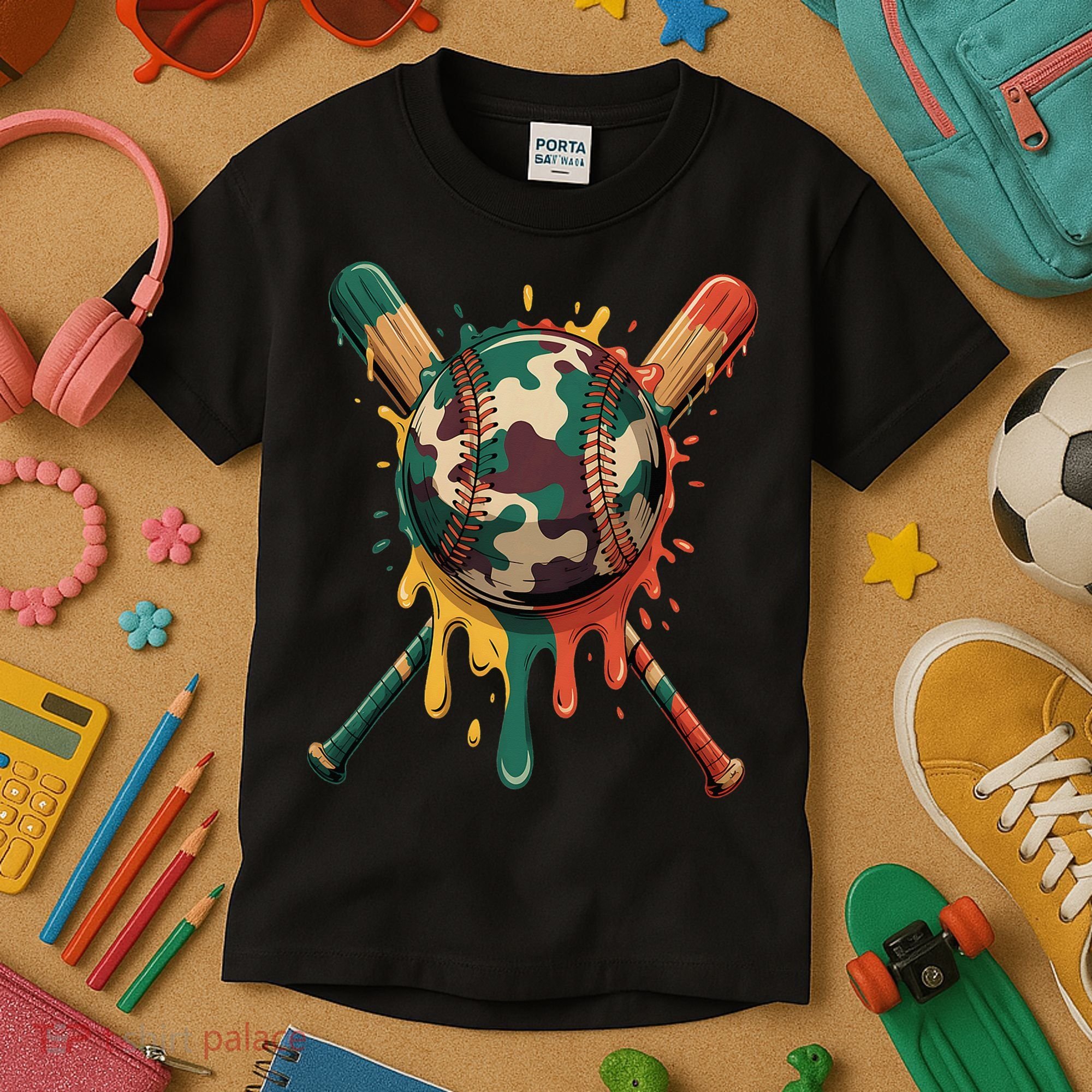 Baseball Drip Camo Baseball Bats Sports Cool Game Day Kids T-Shirt