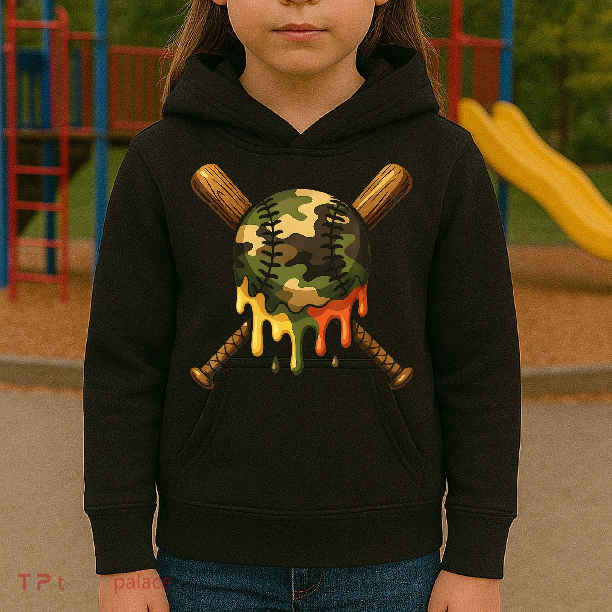 Baseball Drip Camo Baseball Ice Cream Dripping Game Day Kids Hoodie