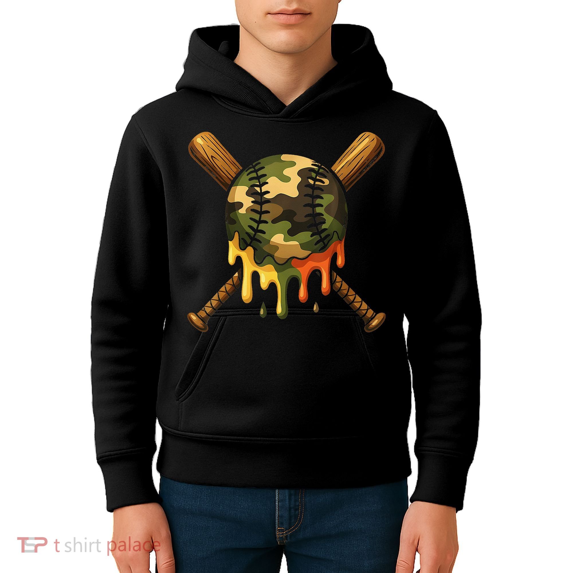Baseball Drip Camo Baseball Ice Cream Dripping Game Day Kids Hoodie